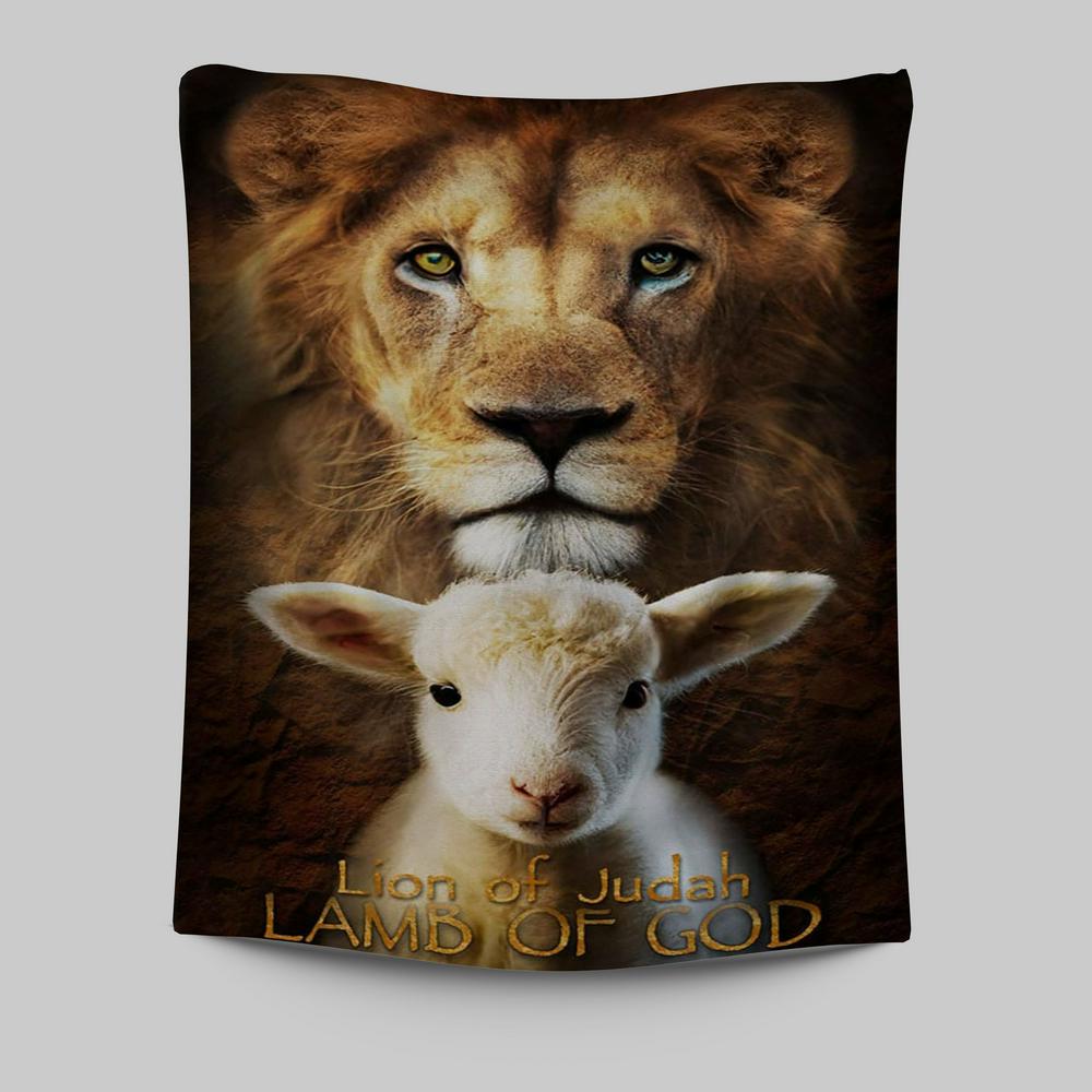 Lion Of Judah And Lamb Of God Stand Together Tapestry Wall Art - Inspirational Tapestry Art - Christian Wall Decor