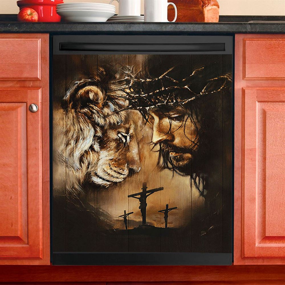 Lion Of Judah Crown Of Thorn Dishwasher Cover, Lion Dishwasher Wrap, Christian Kitchen Decoration