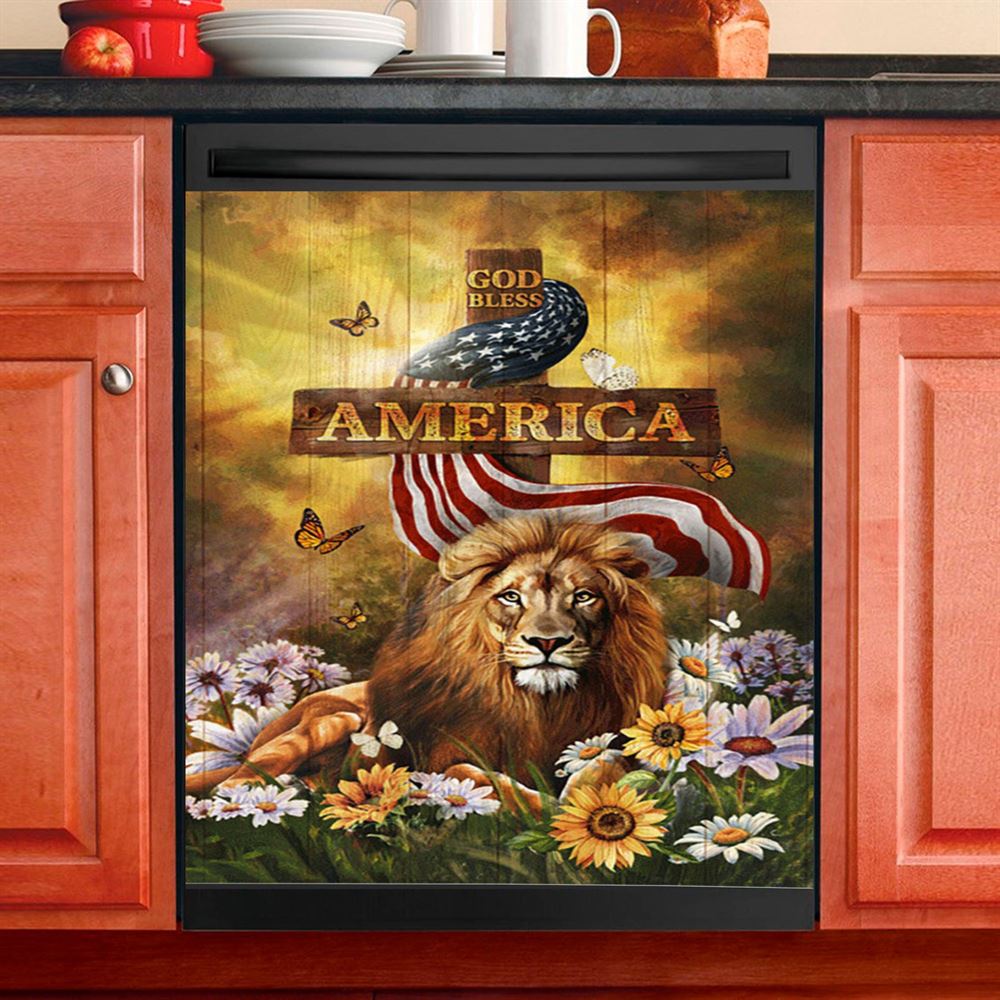 Lion Of Judah God Bless America Dishwasher Cover, Lion Dishwasher Wrap, Christian Kitchen Decoration