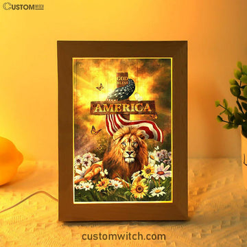 Lion Of Judah God Bless America Frame Lamp - Lion Frame Lamp Print - Christian Art - Religious Home Decor