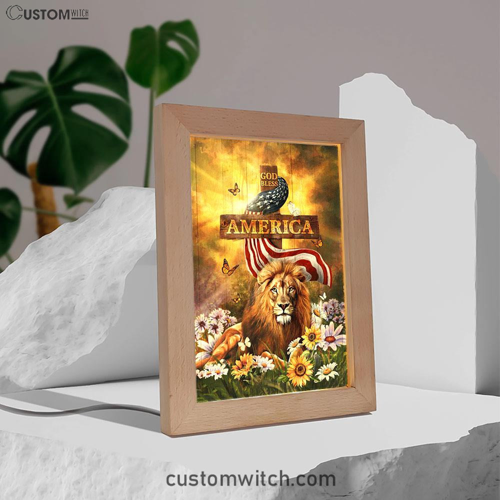 Lion Of Judah God Bless America Frame Lamp - Lion Frame Lamp Print - Christian Art - Religious Home Decor