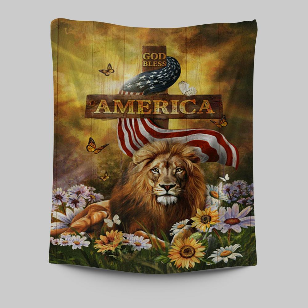 Lion Of Judah God Bless America Tapestry - Lion Tapestry Print - Christian Wall Art - Religious Home Decor