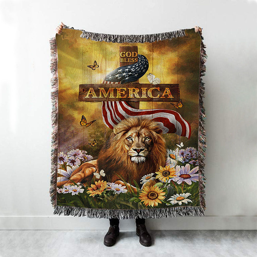 Lion Of Judah God Bless America Woven Blanket - Lion Woven Blanket Print - Christian Throw Blanket - Religious Home Decor