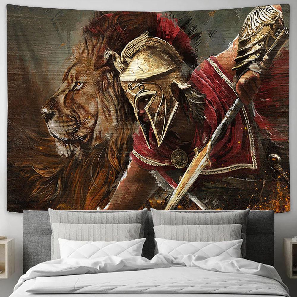 Lion Of Judah Helmet Of Salvation Great A Brave Warrior Of God Tapestry Art - Christian Wall Art Decor - Bible Verse Tapestry