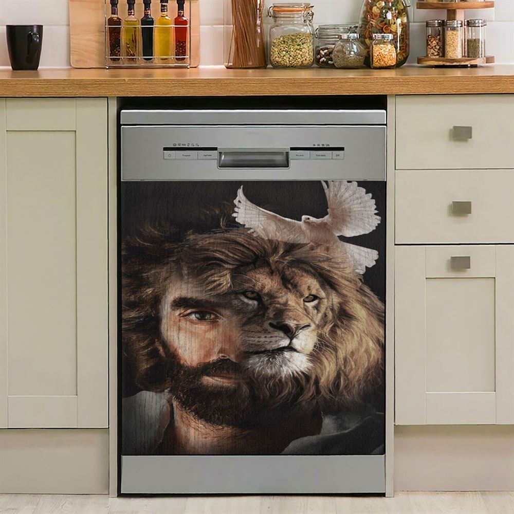 Lion Of Judah Jesus And The Dove Dishwasher Cover, Jesus Christ Dishwasher Wrap, Christian Kitchen Decoration