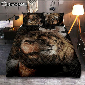 Lion Of Judah Jesus And The Dove Quilt Bedding Set Prints - Jesus Christ Quilt Bedding Set Art - Christian Cover Twin Bedding Decor