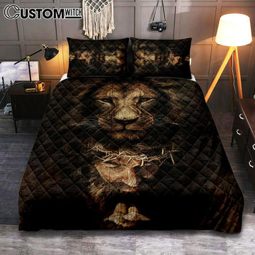 Lion Of Judah Jesus Face Quilt Bedding Set - Lion Quilt Bedding Set Print - Christian Bedroom - Religious Home Decor