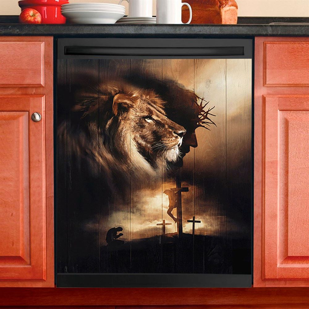 Lion Of Judah Jesus On The Cross Praying With Jesus Dishwasher Cover, Lion Dishwasher Wrap, Christian Kitchen Decoration