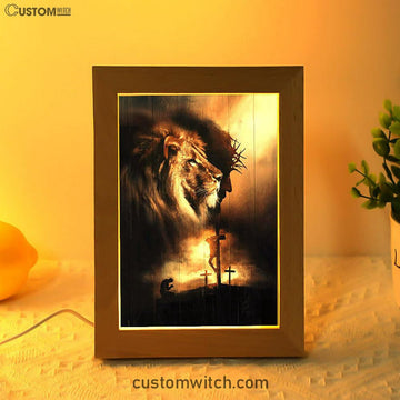 Lion Of Judah Jesus On The Cross Praying With Jesus Frame Lamp - Lion Frame Lamp Print - Christian Art - Religious Home Decor