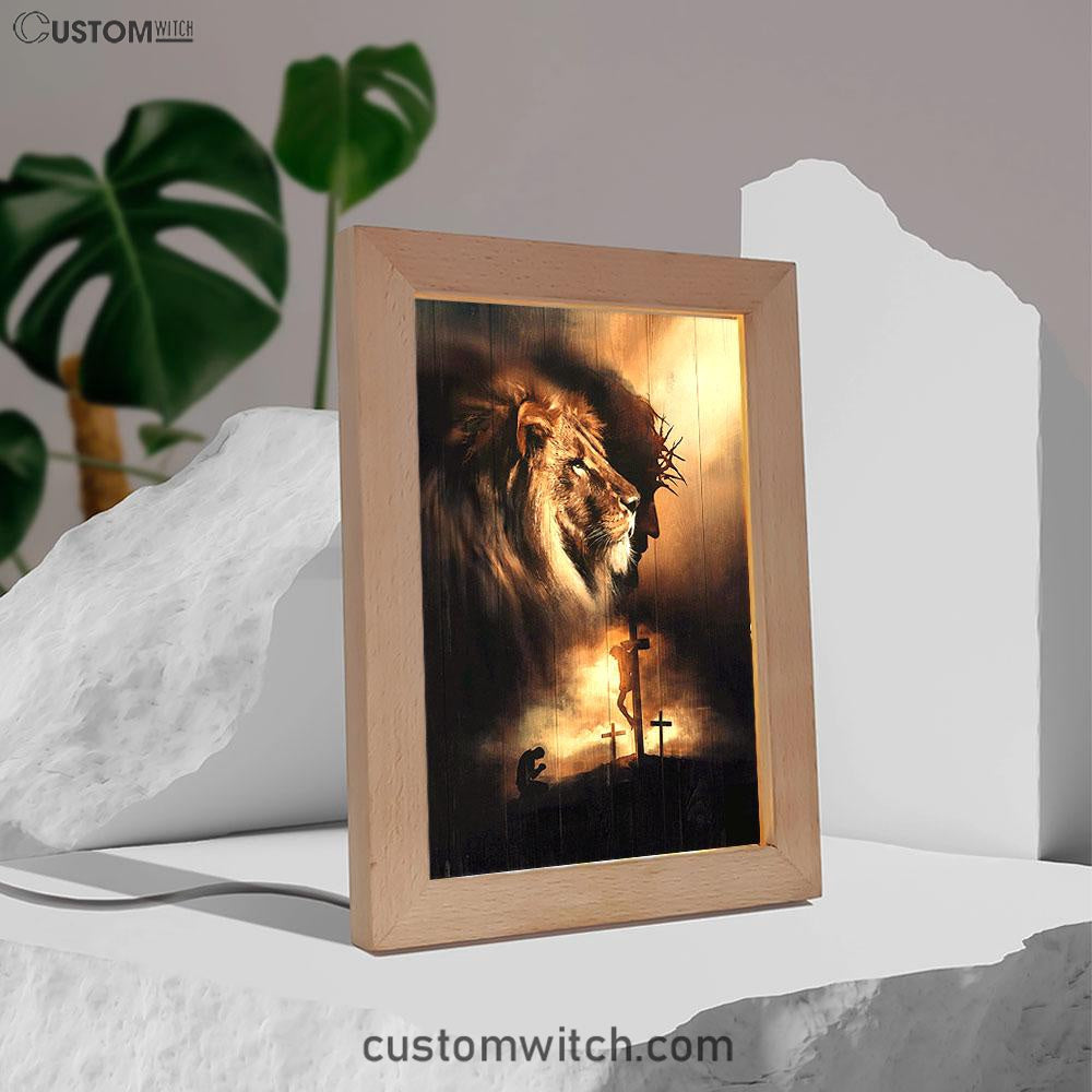 Lion Of Judah Jesus On The Cross Praying With Jesus Frame Lamp - Lion Frame Lamp Print - Christian Art - Religious Home Decor
