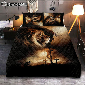 Lion Of Judah Jesus On The Cross Praying With Jesus Quilt Bedding Set - Lion Quilt Bedding Set Print - Christian Bedroom - Religious Home Decor