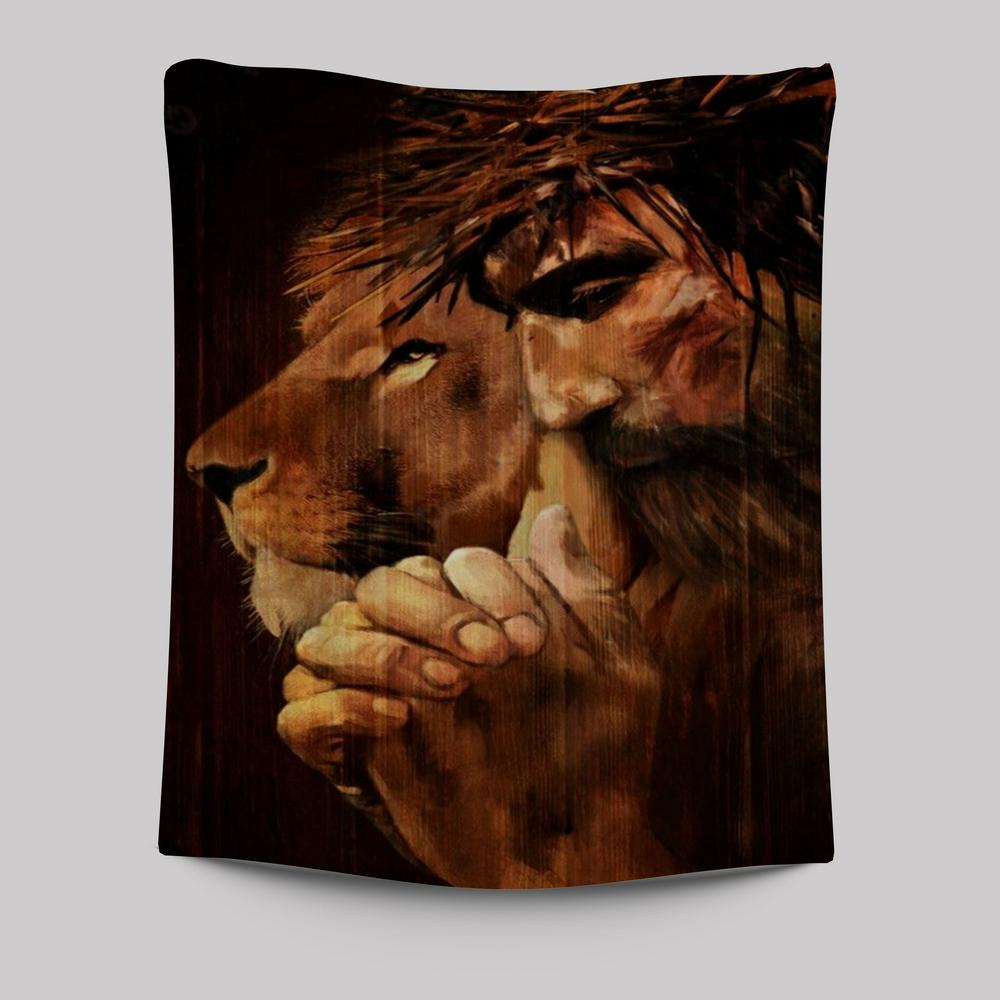 Lion Of Judah Jesus Painting Praying With God Tapestry