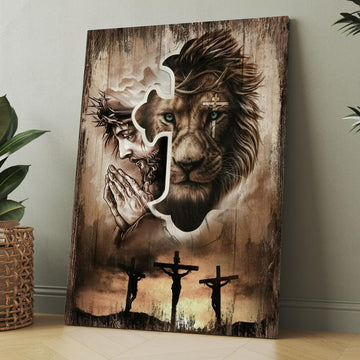 Lion Of Judah, Jesus Praying, Three Wooden Crosses, Sunset Sky Canvas, Christmas Gift for Christian