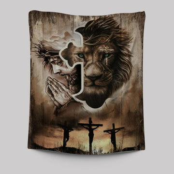 Lion Of Judah, Jesus Praying, Three Wooden Crosses, Sunset Sky Tapestry