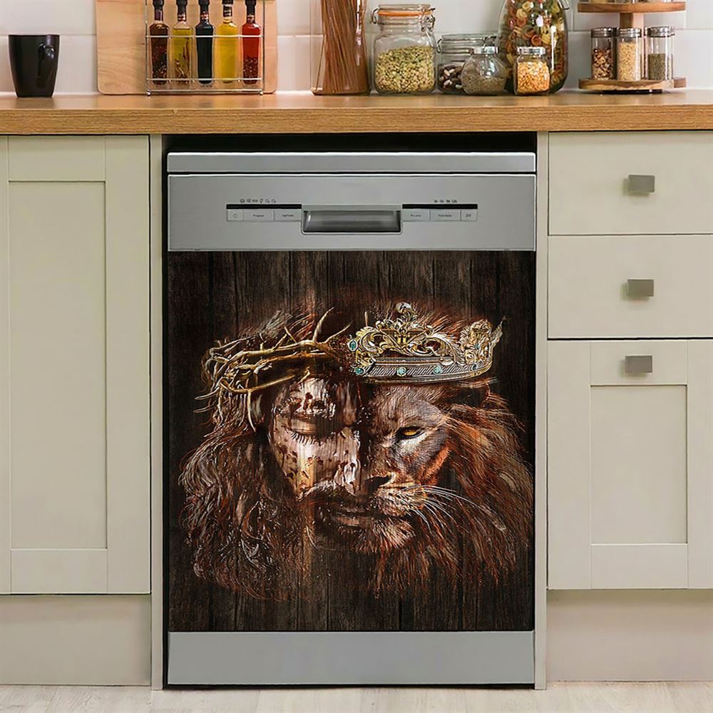 Lion Of Judah Jesus The King Awesome Crowns Dishwasher Cover, Lion Dishwasher Wrap, Christian Kitchen Decoration