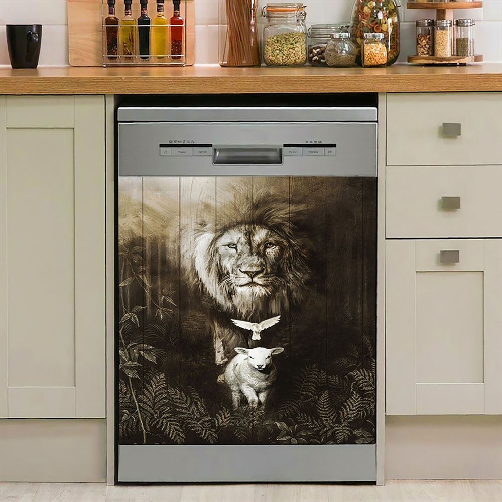 Lion Of Judah Lamb Of God Dove Dishwasher Cover, Lion Dishwasher Wrap, Christian Kitchen Decoration