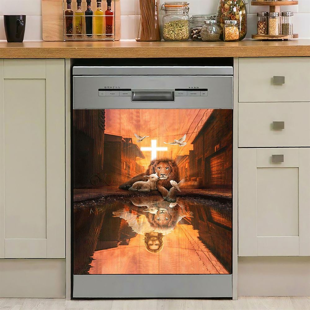 Lion Of Judah Lamb Of God Jesus&#39;S Reflection Light Cross Dishwasher Cover, Lion Dishwasher Wrap, Christian Kitchen Decoration