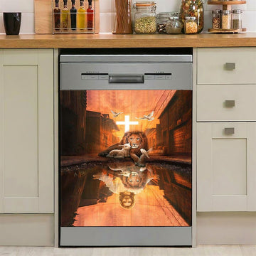Lion Of Judah Lamb Of God Jesus&#39;S Reflection Light Cross Dishwasher Cover, Lion Dishwasher Wrap, Christian Kitchen Decoration