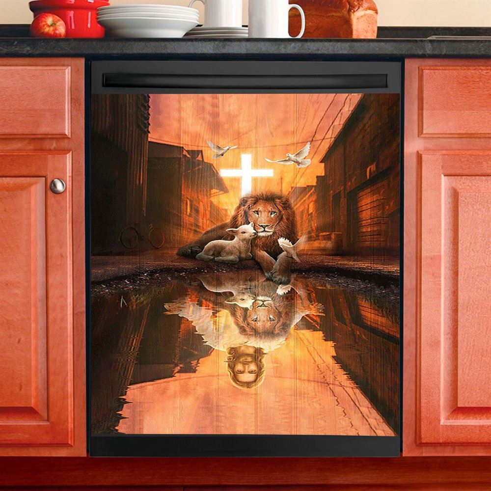 Lion Of Judah Lamb Of God Jesus&#39;S Reflection Light Cross Dishwasher Cover, Lion Dishwasher Wrap, Christian Kitchen Decoration