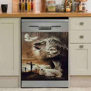 Lion Of Judah Lamb Of God Jesus The Old Rugged Crosses Dishwasher Cover, Lion Dishwasher Wrap, Christian Kitchen Decoration