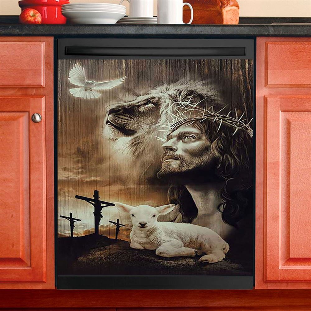 Lion Of Judah Lamb Of God Jesus The Old Rugged Crosses Dishwasher Cover, Lion Dishwasher Wrap, Christian Kitchen Decoration