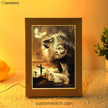 Lion Of Judah Lamb Of God Jesus The Old Rugged Crosses Frame Lamp - Lion Frame Lamp Print - Christian Art - Religious Home Decor