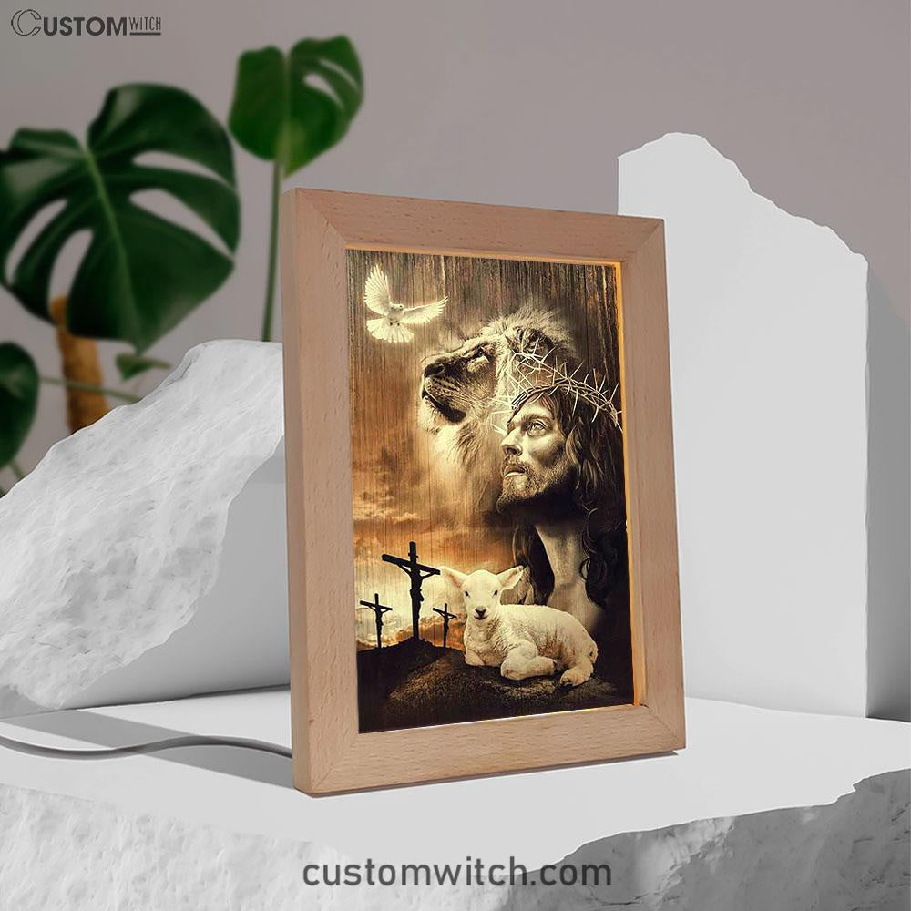Lion Of Judah Lamb Of God Jesus The Old Rugged Crosses Frame Lamp - Lion Frame Lamp Print - Christian Art - Religious Home Decor