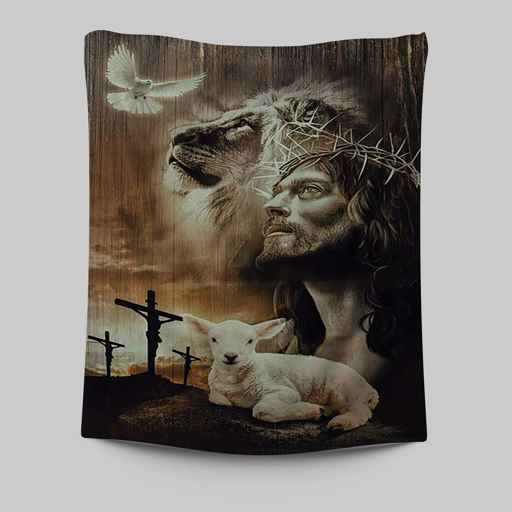 Lion Of Judah Lamb Of God Jesus The Old Rugged Crosses Tapestry - Lion Tapestry Print - Christian Wall Art - Religious Home Decor