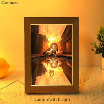 Lion Of Judah Lamb Of God Jesus's Reflection Light Cross Frame Lamp - Lion Frame Lamp Print - Christian Art - Religious Home Decor