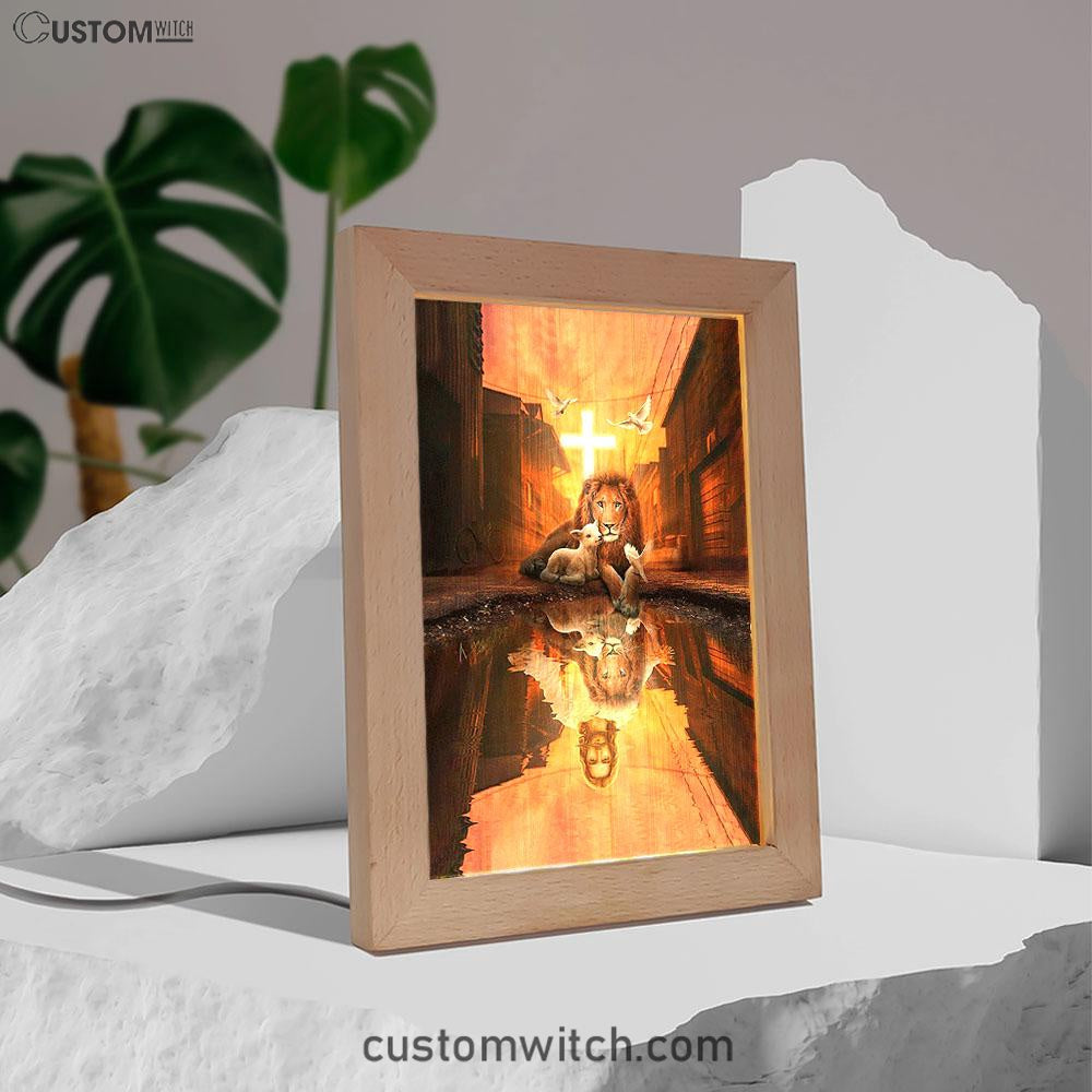 Lion Of Judah Lamb Of God Jesus's Reflection Light Cross Frame Lamp - Lion Frame Lamp Print - Christian Art - Religious Home Decor