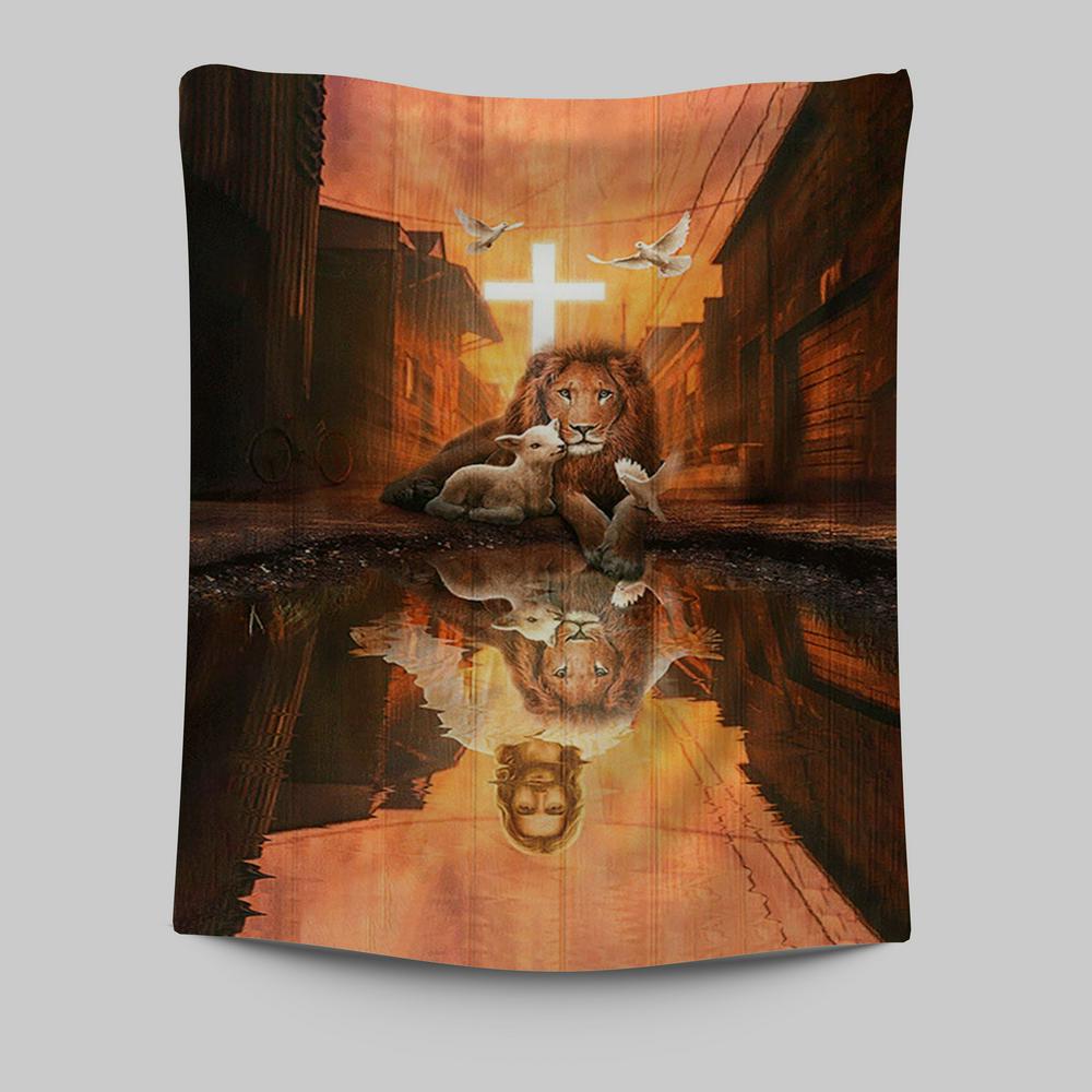 Lion Of Judah Lamb Of God Jesus&#39;s Reflection Light Cross Tapestry - Lion Tapestry Print - Christian Wall Art - Religious Home Decor