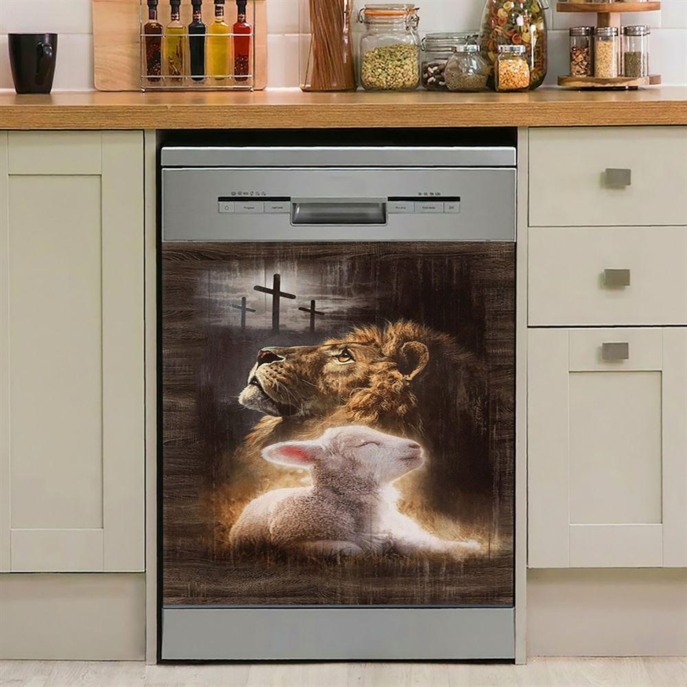 Lion Of Judah Lamb Of God The Rugged Crosses Dishwasher Cover, Lion Dishwasher Wrap, Christian Kitchen Decoration