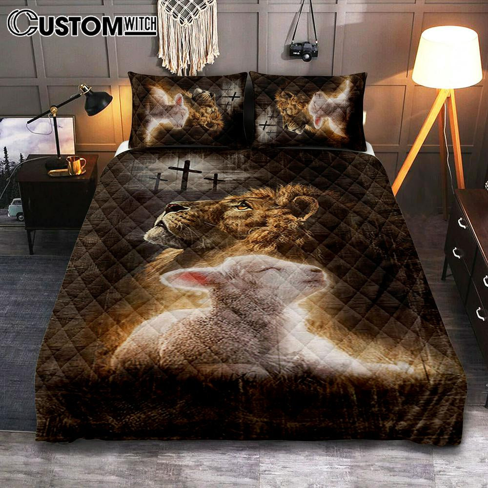 Lion Of Judah Lamb Of God The Rugged Crosses Quilt Bedding Set - Lion Quilt Bedding Set Print - Christian Bedroom - Religious Home Decor