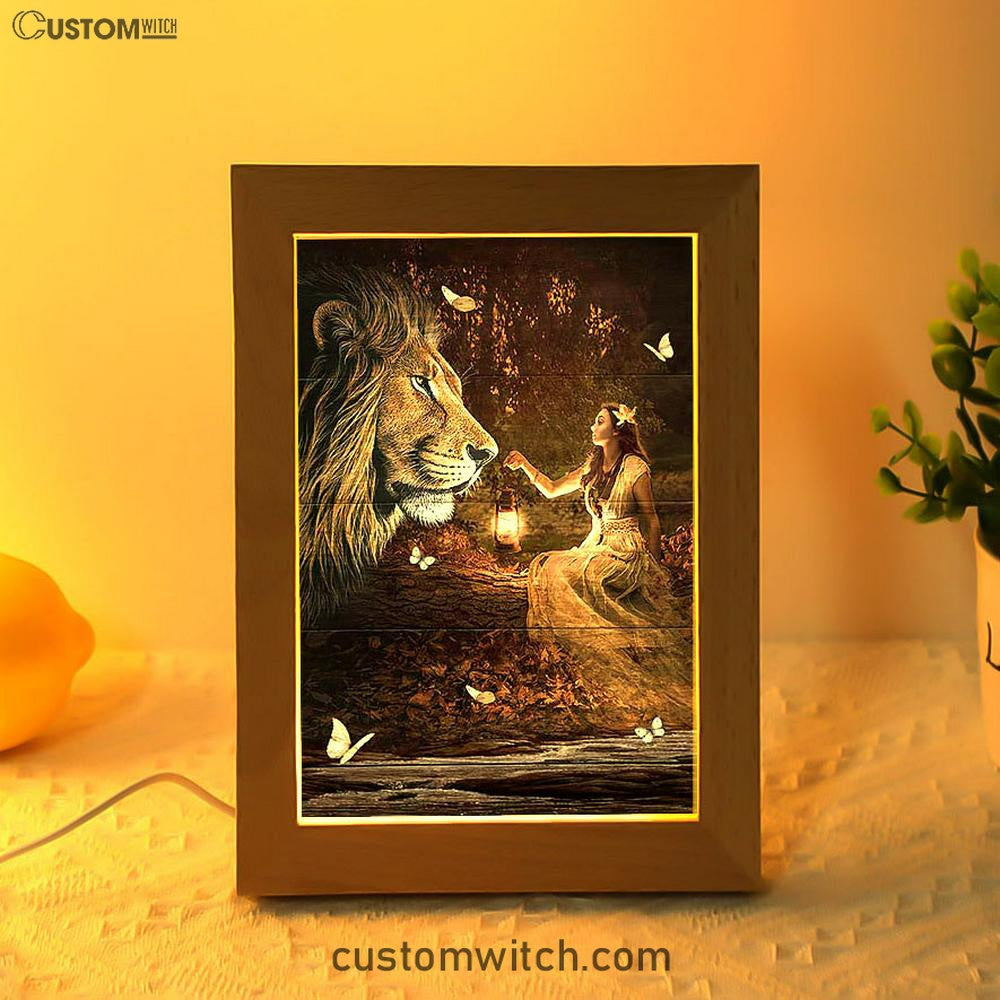 Lion Of Judah Pretty Girl White Butterfly Frame Lamp - Lion Frame Lamp Print - Christian Art - Religious Home Decor