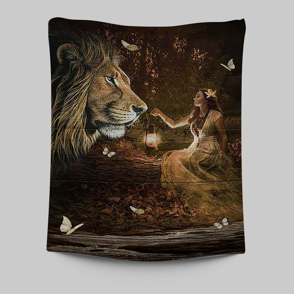 Lion Of Judah Pretty Girl White Butterfly Tapestry - Lion Tapestry Print - Christian Wall Art - Religious Home Decor