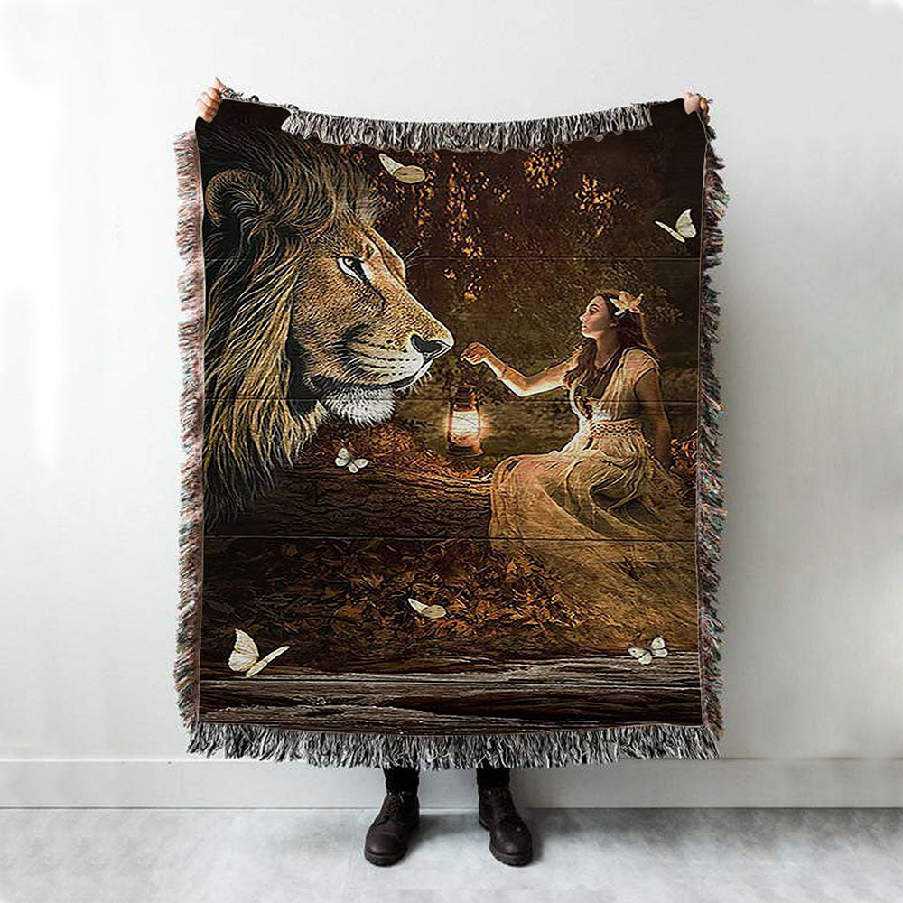 Lion Of Judah Pretty Girl White Butterfly Woven Blanket - Lion Woven Blanket Print - Christian Throw Blanket - Religious Home Decor