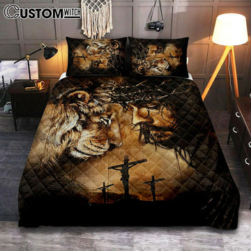 Lion Of Judah Quilt Bedding Set - Lion Quilt Bedding Set Print - Christian Bedroom - Religious Home Decor