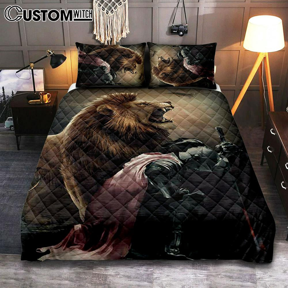 Lion Of Judah The Knight Of God Quilt Bedding Set - Lion Quilt Bedding Set Print - Christian Bedroom - Religious Home Decor