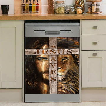 Lion Of Judah Wooden Cross Jesus Saves Dishwasher Cover, Lion Dishwasher Wrap, Christian Kitchen Decoration