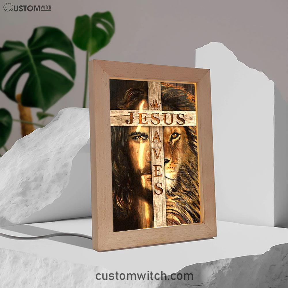 Lion Of Judah Wooden Cross Jesus Saves Frame Lamp - Lion Frame Lamp Print - Christian Art - Religious Home Decor