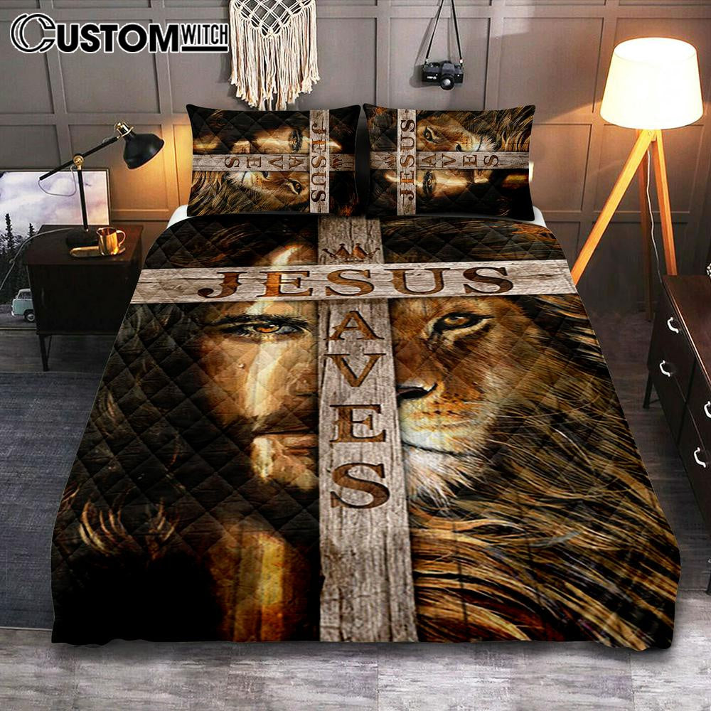 Lion Of Judah Wooden Cross Jesus Saves Quilt Bedding Set - Lion Quilt Bedding Set Print - Christian Bedroom - Religious Home Decor