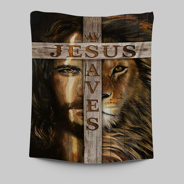 Lion Of Judah Wooden Cross Jesus Saves Tapestry - Lion Tapestry Print - Christian Wall Art - Religious Home Decor