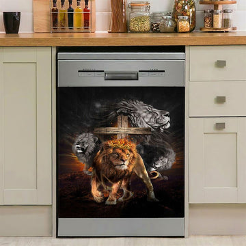 Lion Of Judah Wooden Cross Jesus The Lord Dishwasher Cover, Lion Dishwasher Wrap, Christian Kitchen Decoration