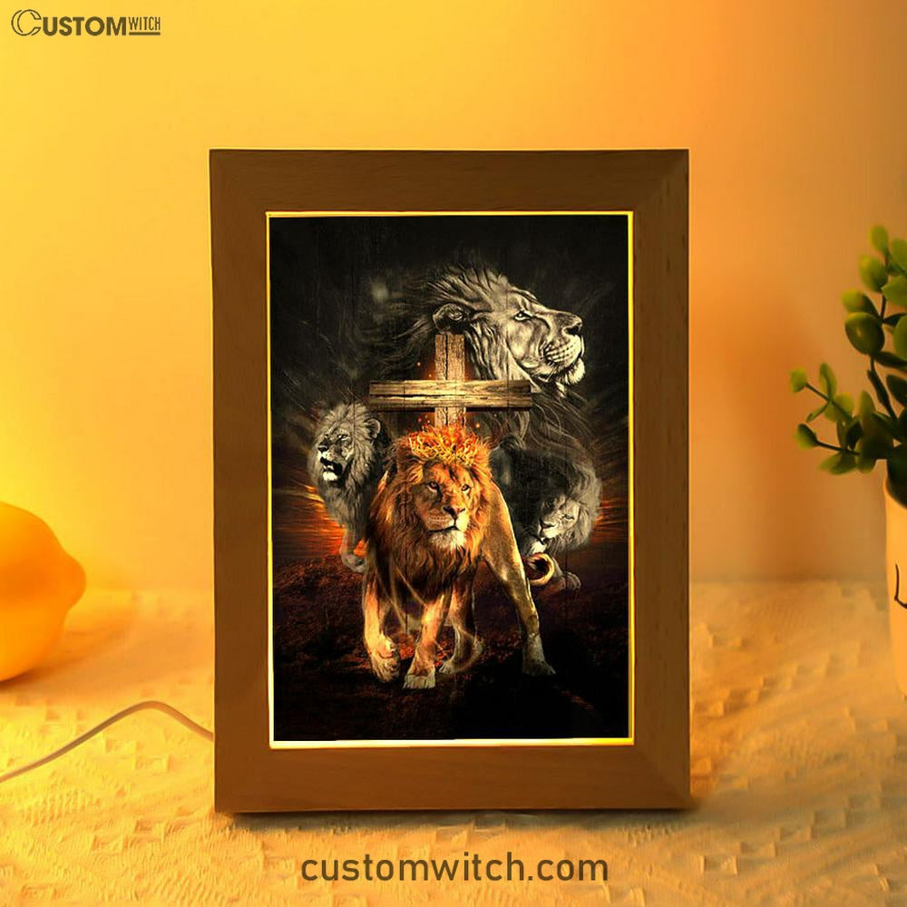 Lion Of Judah Wooden Cross Jesus The Lord Frame Lamp - Lion Frame Lamp Print - Christian Art - Religious Home Decor