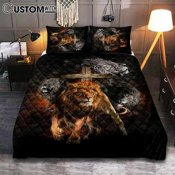 Lion Of Judah Wooden Cross Jesus The Lord Quilt Bedding Set - Lion Quilt Bedding Set Print - Christian Bedroom - Religious Home Decor