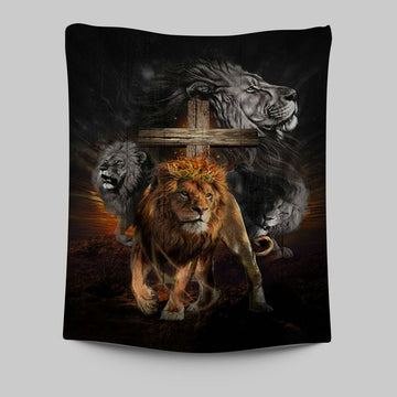 Lion Of Judah Wooden Cross Jesus The Lord Tapestry - Lion Tapestry Print - Christian Wall Art - Religious Home Decor