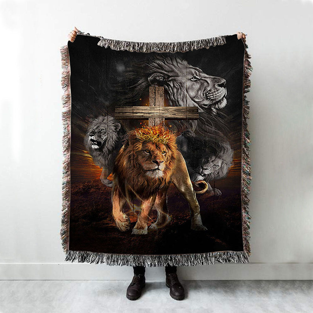 Lion Of Judah Wooden Cross Jesus The Lord Woven Blanket - Lion Woven Blanket Print - Christian Throw Blanket - Religious Home Decor