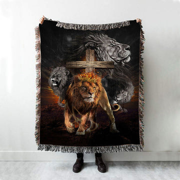 Lion Of Judah Wooden Cross Jesus The Lord Woven Blanket - Lion Woven Blanket Print - Christian Throw Blanket - Religious Home Decor