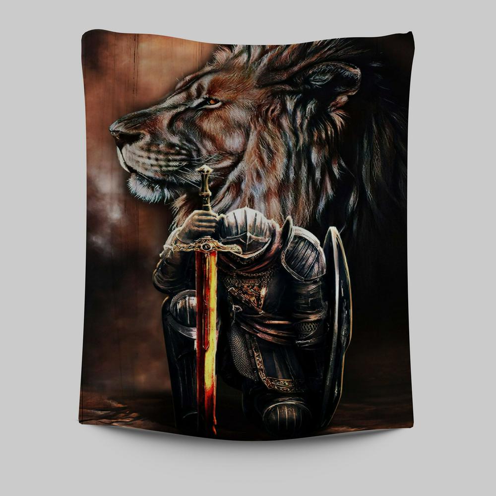 Lion &amp; Prayer Warrior Tapestry Wall Art - Christian Wall Tapestry - Religious Tapestries Wall Hanging Prints