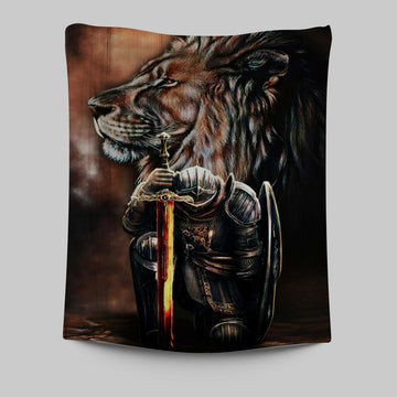 Lion &amp; Prayer Warrior Tapestry Wall Art - Christian Wall Tapestry - Religious Tapestries Wall Hanging Prints